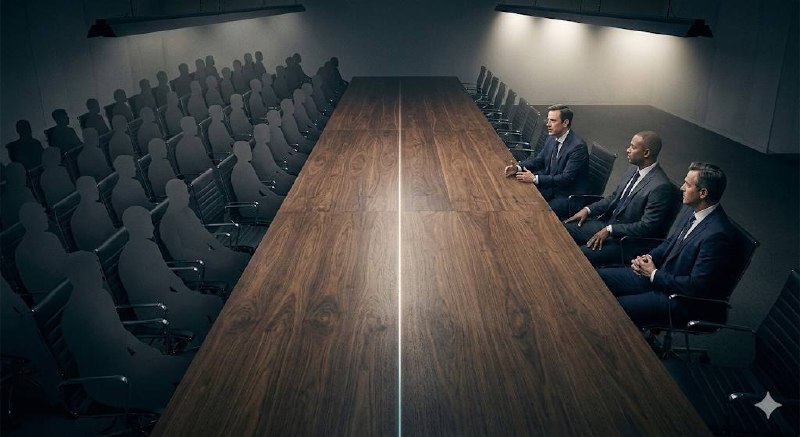 Boardroom scene showing a small group of decision-makers facing a large set of seats, symbolizing consulting industry consolidation